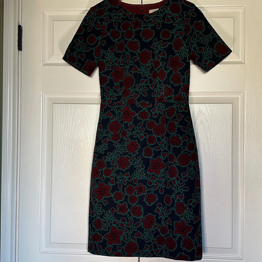 J .Crew Red Floral Short Sleeve Sheath Pencil Knee Length Dress, XS - Picture 2 of 14